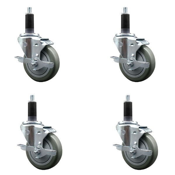 Service Caster 4'' SS Gray Poly Swivel 1-1/8'' Expanding Stem Caster Set with Brake, 4PK SCC-SSEX20S414-PPUB-TLB-118-4 - main
